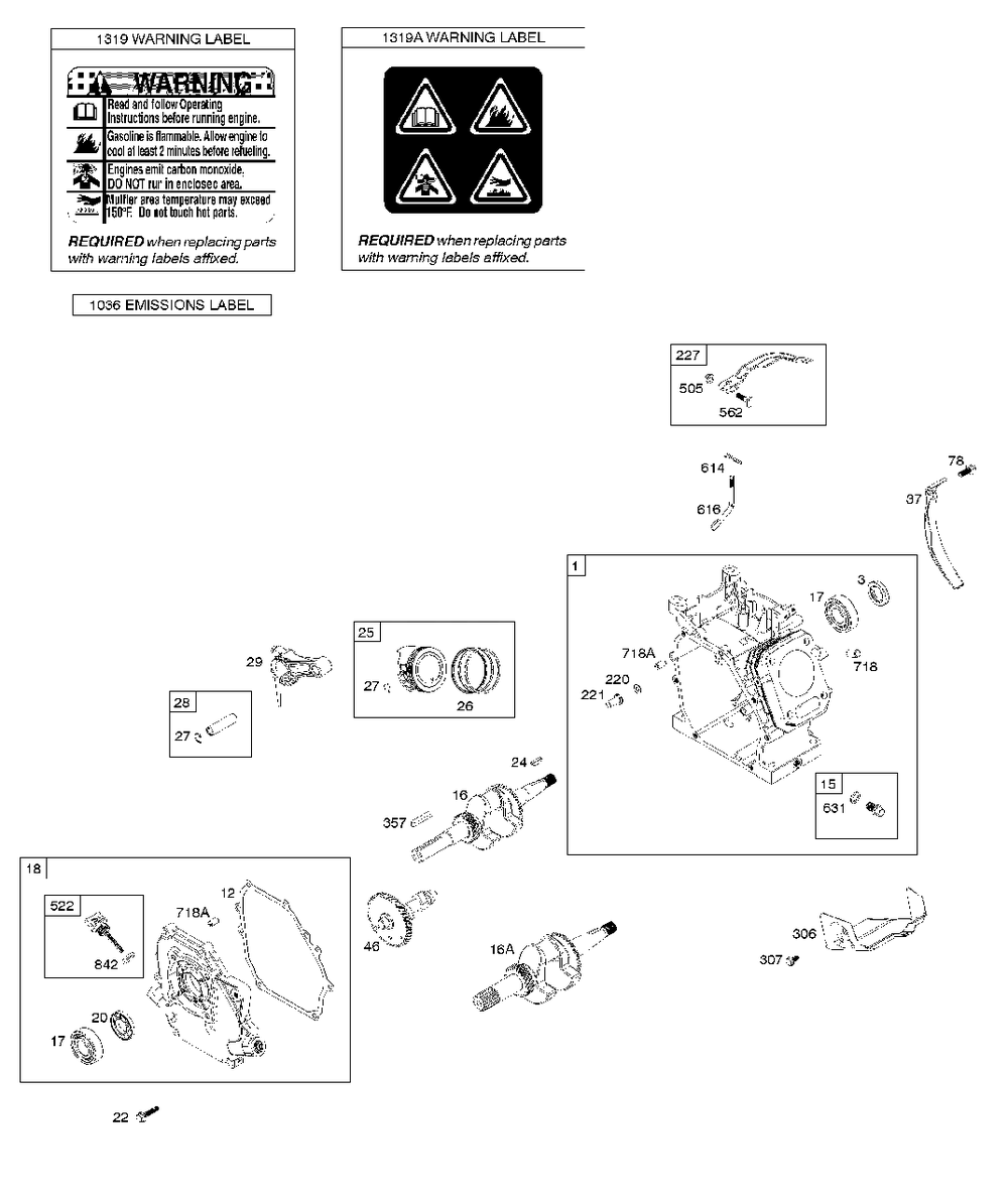 Camshaft, Crankcase Cover, Crankshaft, Cylinder, Piston/Rings/Connecting Rod, Warning Label Diagram and Parts List for 83132-0005-H1  Briggs and Stratton Engine